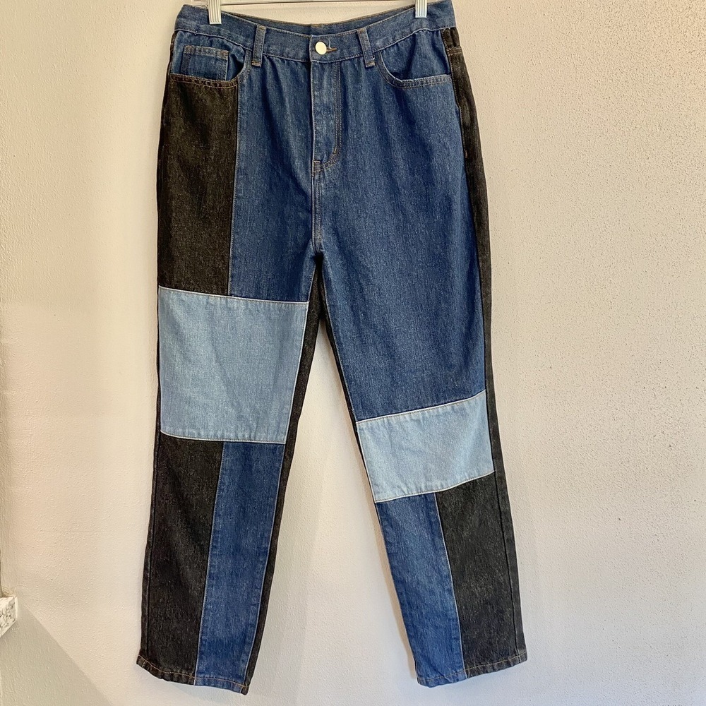 Shein Patch Style High Rise Denim Jeans Black/Blue Straight Leg Jeans Size L - Picture 1 of 9